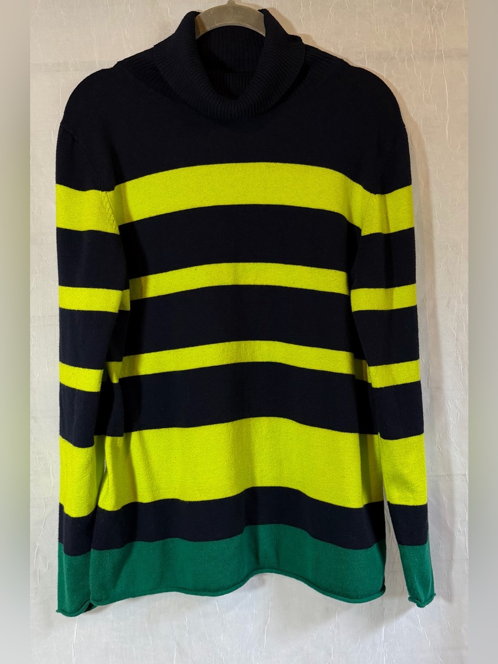 JCP Cashmere Blend L Striped Cowl Neck Sweater in Navy, Neon Yellow & Green